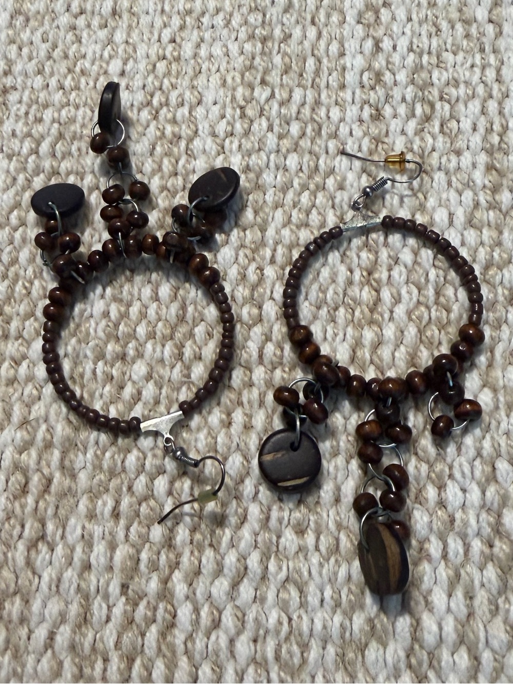 Handcrafted Brown Beaded Hoop Earrings - Natural Wooden Accents